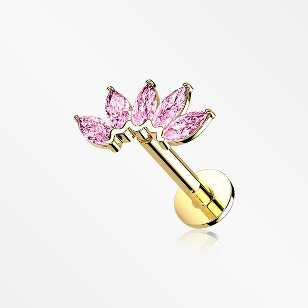 14 Karat Gold OneFit™ Threadless Brilliant Marquise Sparkle Flower Flat Back Stud Labret-Pink