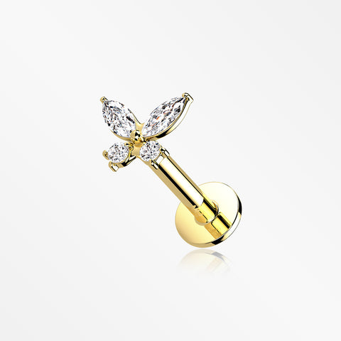 14 Karat Gold OneFit™ Threadless Dainty Butterfly Sparkle Flat Back Stud Labret-Clear Gem