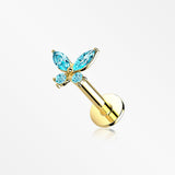 14 Karat Gold OneFit™ Threadless Dainty Butterfly Sparkle Flat Back Stud Labret-Aqua