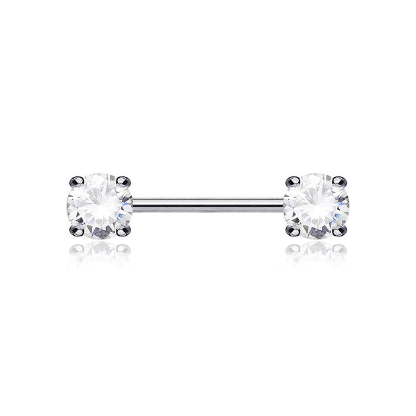 A Pair of 14 Karat White Gold Prong Set Gem Sparkle Nipple Barbell-Clear