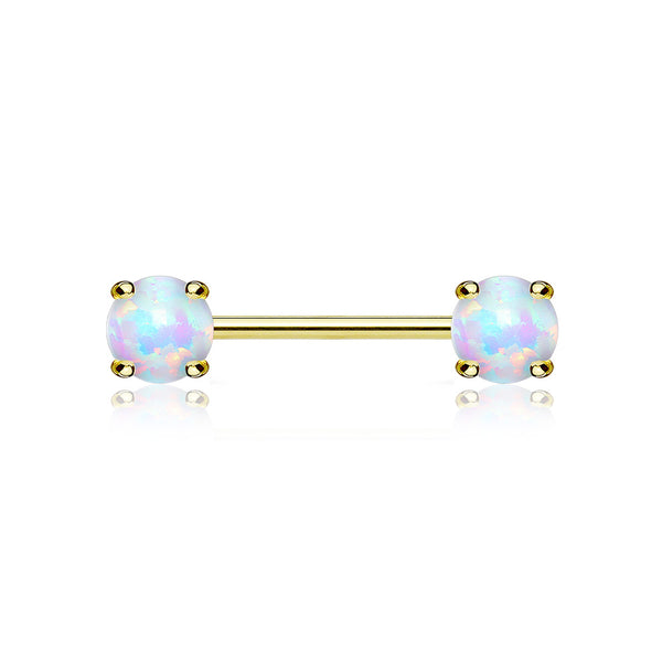 A Pair of 14 Karat Gold Prong Set Fire Opal Sparkle Nipple Barbell-White Opal