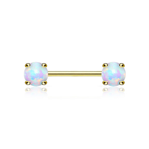 A Pair of 14 Karat Gold Prong Set Fire Opal Sparkle Nipple Barbell-White Opal