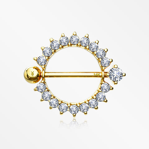 A Pair of 14 Karat Gold Glistening Sunburst Sparkles Nipple Shield Ring-Clear
