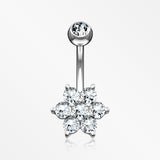 14 Karat White Gold Spring Flower Sparkle Prong Set Belly Button Ring-Clear