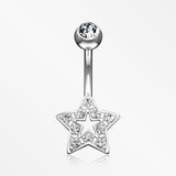 14 Karat White Gold Charming Star Sparkle Belly Button Ring-Clear