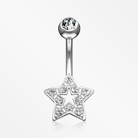 14 Karat White Gold Charming Star Sparkle Belly Button Ring-Clear
