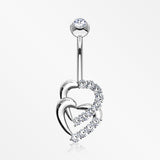 14 Karat White Gold Double Hearts Sparkle Loop Belly Button Ring-Clear