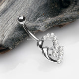 14 Karat White Gold Double Hearts Sparkle Loop Belly Button Ring-Clear