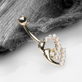 14 Karat Gold Double Hearts Sparkle Loop Belly Button Ring-Clear