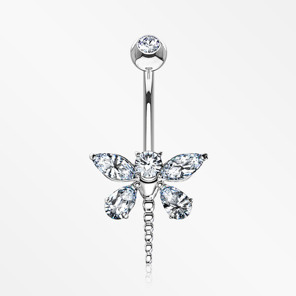 14 Karat White Gold Marquise Teardrop Sparkle Gem Dragonfly Belly Button Ring-Clear