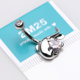 14 Karat White Gold Adorable Dolphin Hugging Heart Sparkle Belly Button Ring-Clear