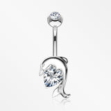 14 Karat White Gold Adorable Dolphin Hugging Heart Sparkle Belly Button Ring-Clear