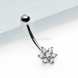 14 Karat White Gold Brilliant Sparkle Prong Set Flower Belly Button Ring-Clear