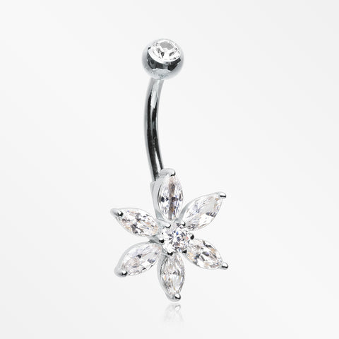 14 Karat White Gold Marquise Cut Sparkle Prong Set Flower Belly Button Ring-Clear