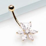 14 Karat Gold Marquise Cut Sparkle Prong Set Flower Belly Button Ring-Clear