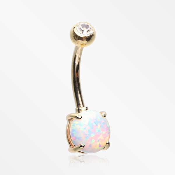14 Karat Gold Prong Set Fire Opal Belly Button Ring-Clear/White Opal