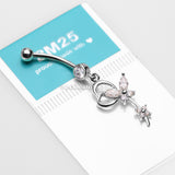 14 Karat White Gold Heart Loop Butterfly Marquise Sparkle Belly Button Ring-Clear