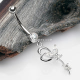 14 Karat White Gold Heart Loop Butterfly Marquise Sparkle Belly Button Ring-Clear