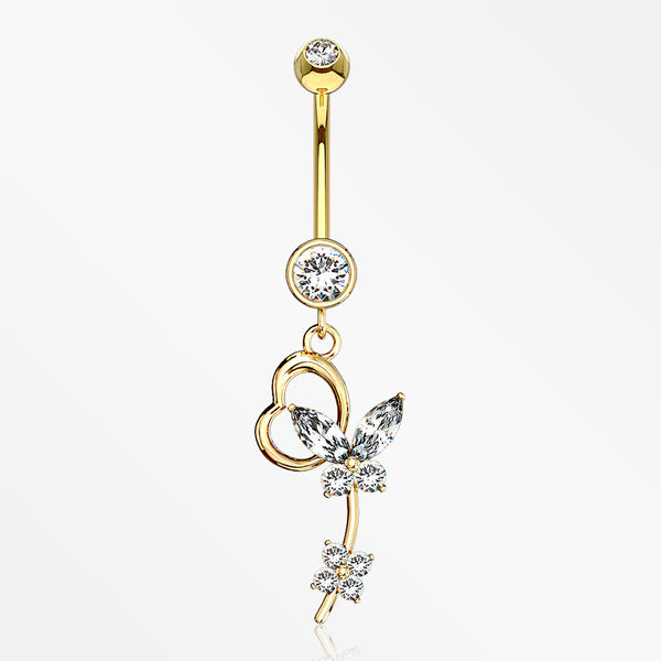 14 Karat Gold Heart Loop Butterfly Marquise Sparkle Belly Button Ring-Clear