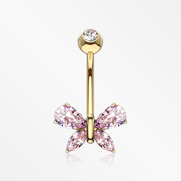 14 Karat Gold Marquise Sparkle Butterfly Belly Button Ring-Pink