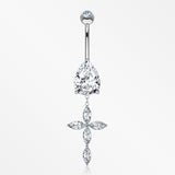 14 Karat White Gold Marquise Cross Teardrop Sparkle Belly Button Ring-Clear