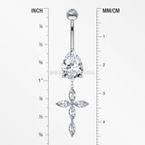 14 Karat White Gold Marquise Cross Teardrop Sparkle Belly Button Ring-Clear