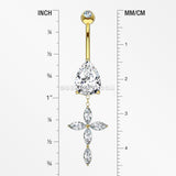 14 Karat Gold Marquise Cross Teardrop Sparkle Belly Button Ring-Clear
