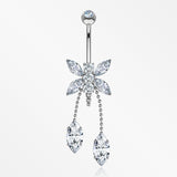 14 Karat White Gold Marquise Butterfly Sparkle Dangle Belly Button Ring-Clear