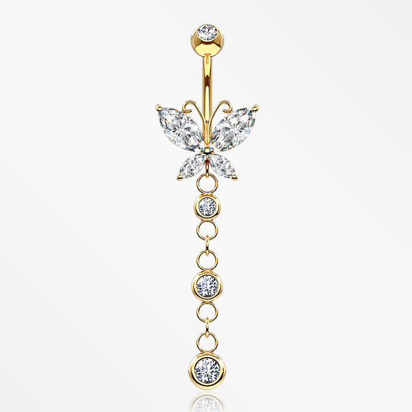 14 Karat Gold Marquise Butterfly Sparkle Cascade Belly Button Ring-Clear