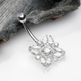 14 Karat White Gold Brilliant Sparkle Marquise Ray Belly Button Ring-Clear