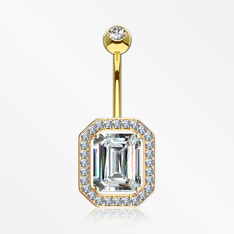 14 Karat Gold Magnificent Sparkle Princess Gem Belly Button Ring-Clear