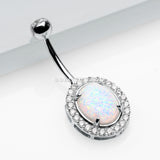 14 Karat White Gold Fire Opal Multi-Gem Sparkle Oval Belly Button Ring-Clear/White Opal