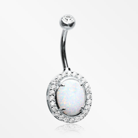 14 Karat White Gold Fire Opal Multi-Gem Sparkle Oval Belly Button Ring-Clear/White Opal