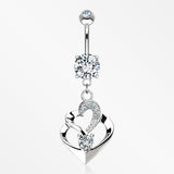 14 Karat White Gold Luscious Heart Twirl Sparkle Belly Button Ring-Clear