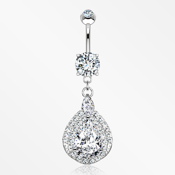 14 Karat White Gold Triple Tiered Magnificent Sparkles Teardrop Belly Button Ring-Clear