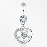 14 Karat White Gold Sparkle Floral Ray Heart Belly Button Ring-Clear
