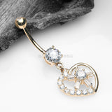14 Karat Gold Sparkle Floral Ray Heart Belly Button Ring-Clear