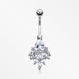 14 Karat White Gold Luscious Floral Sparkle Teardrop Belly Button Ring-Clear