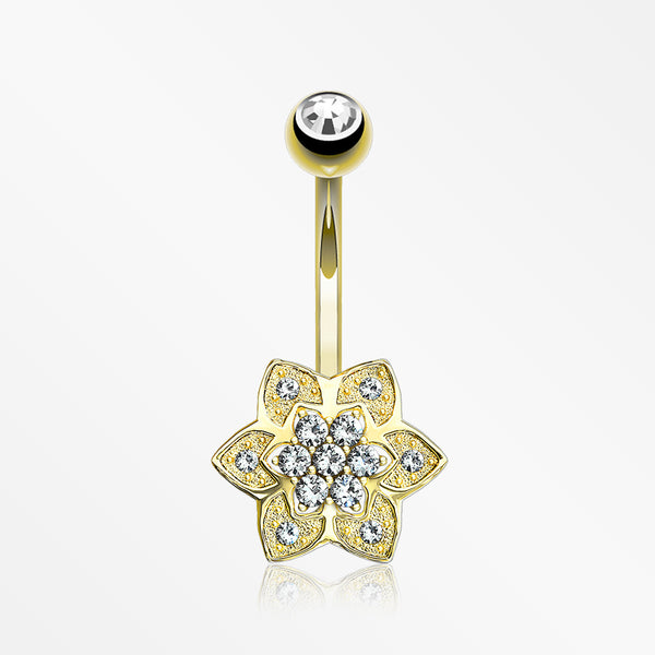14 Karat Gold Bali Zen Flower Sparkle Belly Button Ring-Clear
