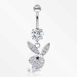 14 Karat White Gold Playboy Bunny Sparkle Dangle Belly Button Ring-Clear