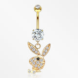14 Karat Gold Playboy Bunny Sparkle Dangle Belly Button Ring-Clear