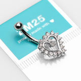 14 Karat White Gold Hollow Heart Floret Sparkle Belly Button Ring-Clear
