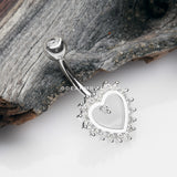 14 Karat White Gold Hollow Heart Floret Sparkle Belly Button Ring-Clear