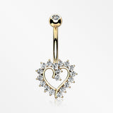 14 Karat Gold Hollow Heart Floret Sparkle Belly Button Ring-Clear