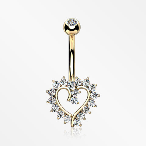 14 Karat Gold Hollow Heart Floret Sparkle Belly Button Ring-Clear