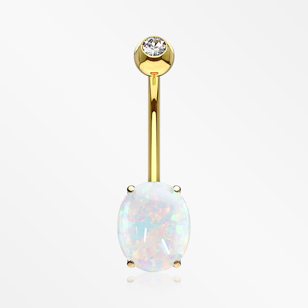 14 Karat Gold Prong Set Fire Opal Sparkle Belly Button Ring-White Opal