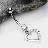 14 Karat White Gold Journey Sparkle Heart Dangle Belly Button Ring-Clear