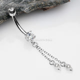 14 Karat White Gold Double Chained Sparkle Dangle Belly Button Ring-Clear