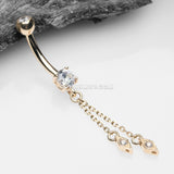 14 Karat Gold Double Chained Sparkle Dangle Belly Button Ring-Clear