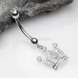 14 Karat White Gold Majestic Crown Sparkle Dangle Belly Button Ring-Clear